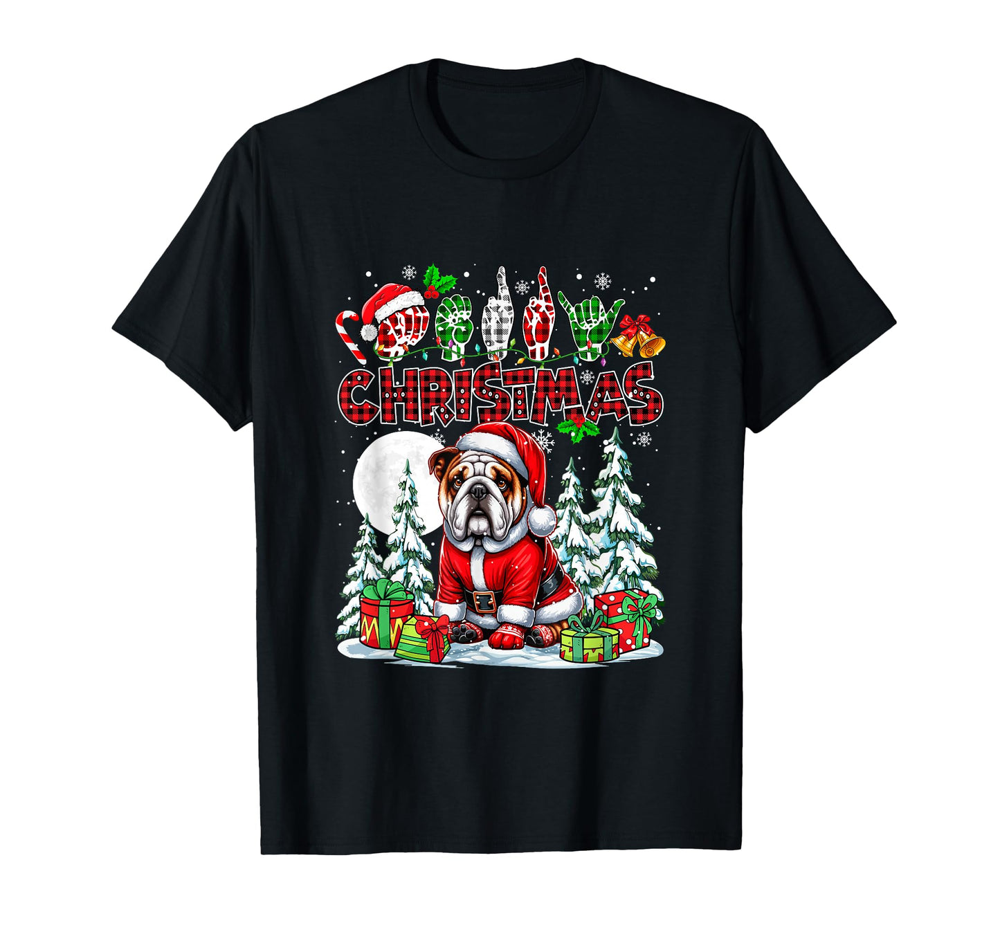 Merry Christmas Hands Sign Language Santa Bulldog Owner T-Shirt