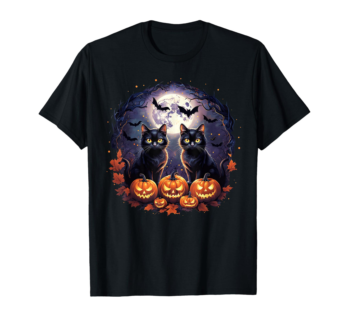 Black Cats Pumpkins Full Moon Halloween Cat Lover Men Women T-Shirt
