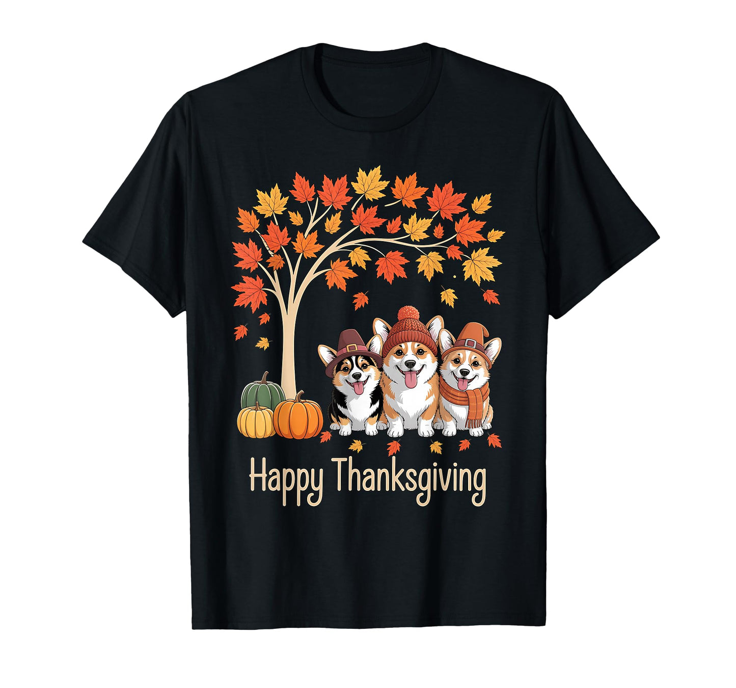 Cute Three Corgi Dogs Pumpkins Fall Tree Happy Thanksgiving T-Shirt