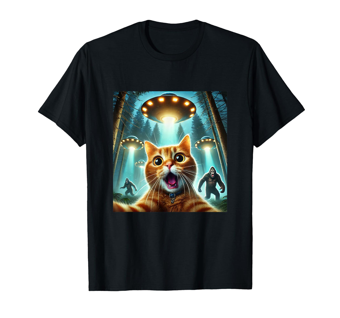 Cat Selfie With Bigfoot And Alien UFO Funny T-Shirt