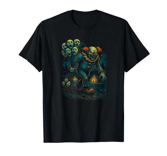 Evil Creepy Clown with Screaming Haunted Balloons Graphic T-Shirt