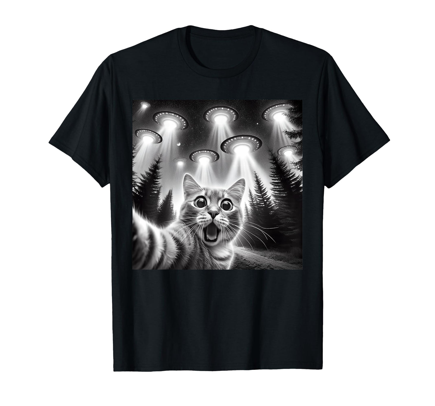 Cat Selfie With Alien UFO Funny Cat Gifts For Men Women Kids T-Shirt