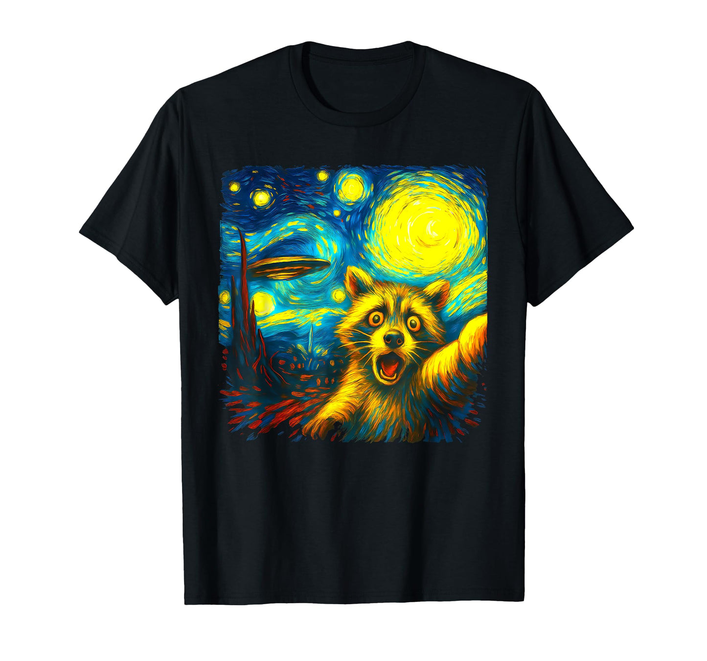 Raccoon Selfie With Alien UFO Funny Starry Night Van Gogh T-Shirt
