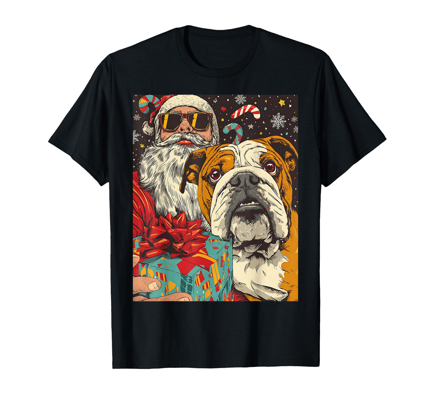 Funny Christmas Bulldog Selfie with Santa Xmas T-Shirt