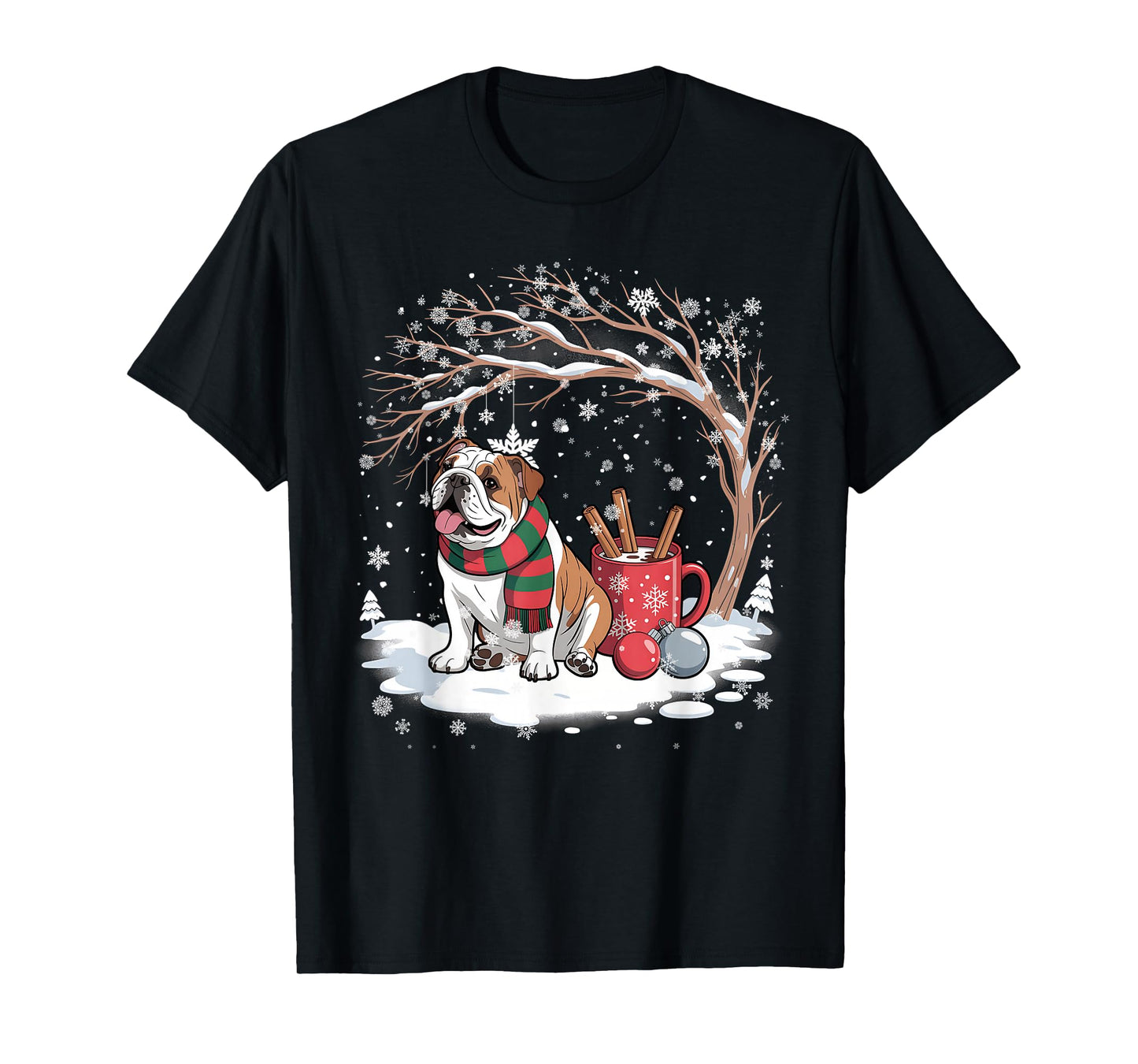 Funny English Bulldog in The Snow Tree Christmas Winter Xmas T-Shirt