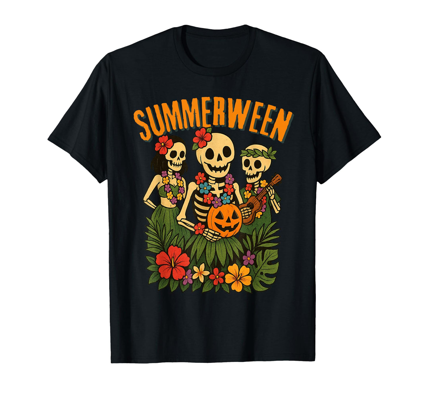 Funny Summerween Skeletons Luau Party Halloween Beach Vibes T-Shirt