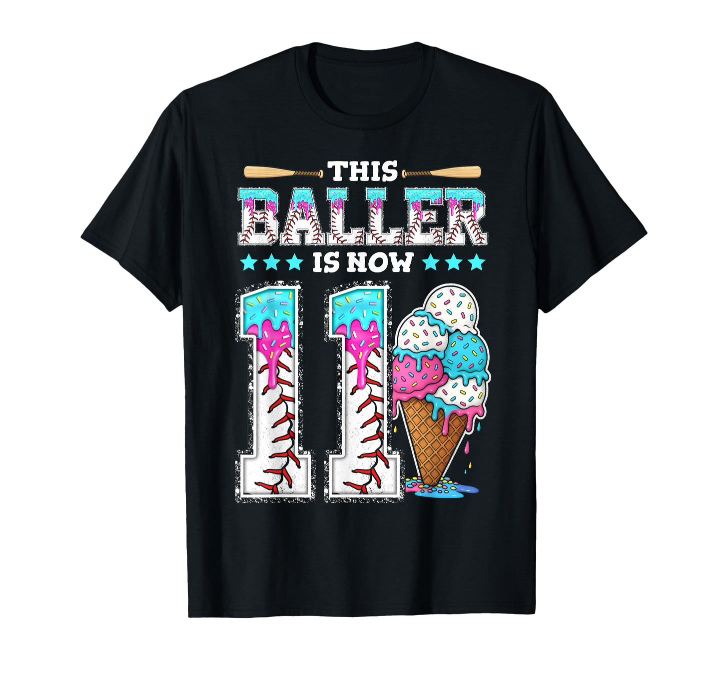 Baller Is Now 11 Year Ice Cream Drip 11th Birthday Baseball T-Shirt