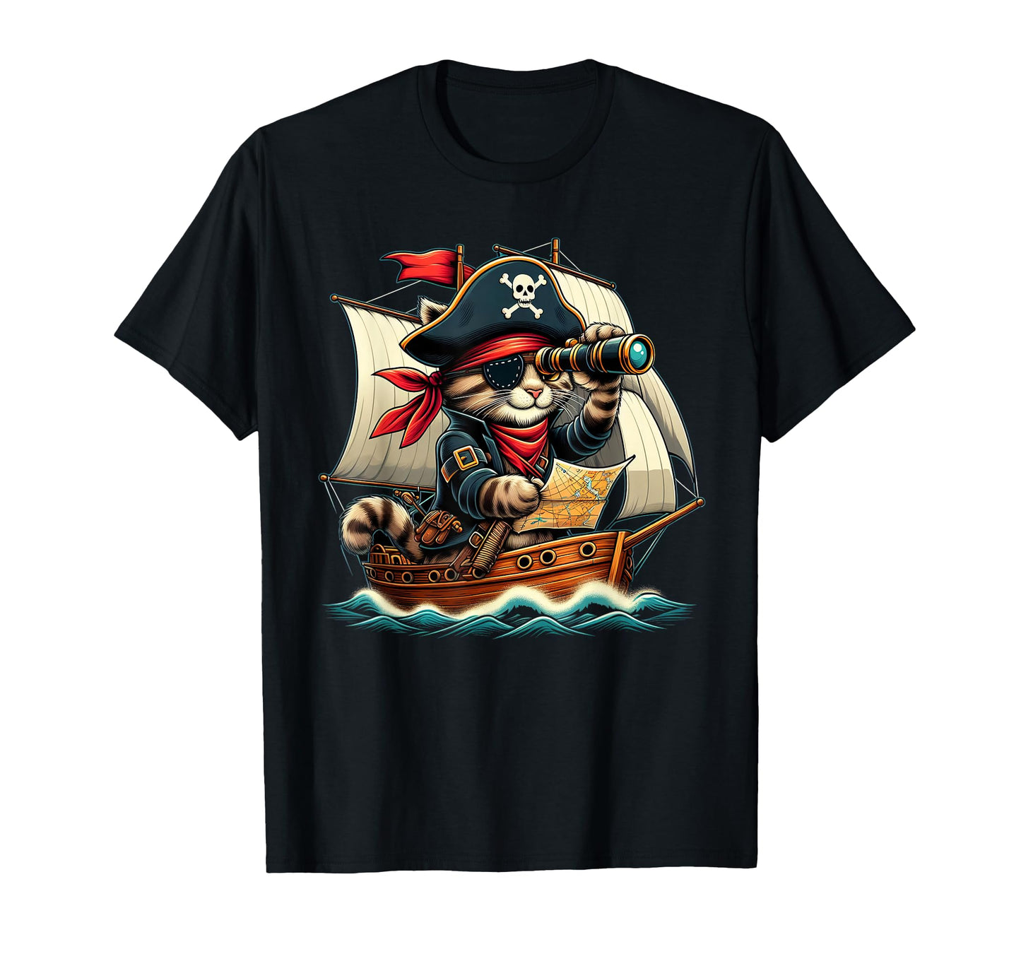 Funny Pirate Cat Adventure Halloween Cat Lover Men Women T-Shirt