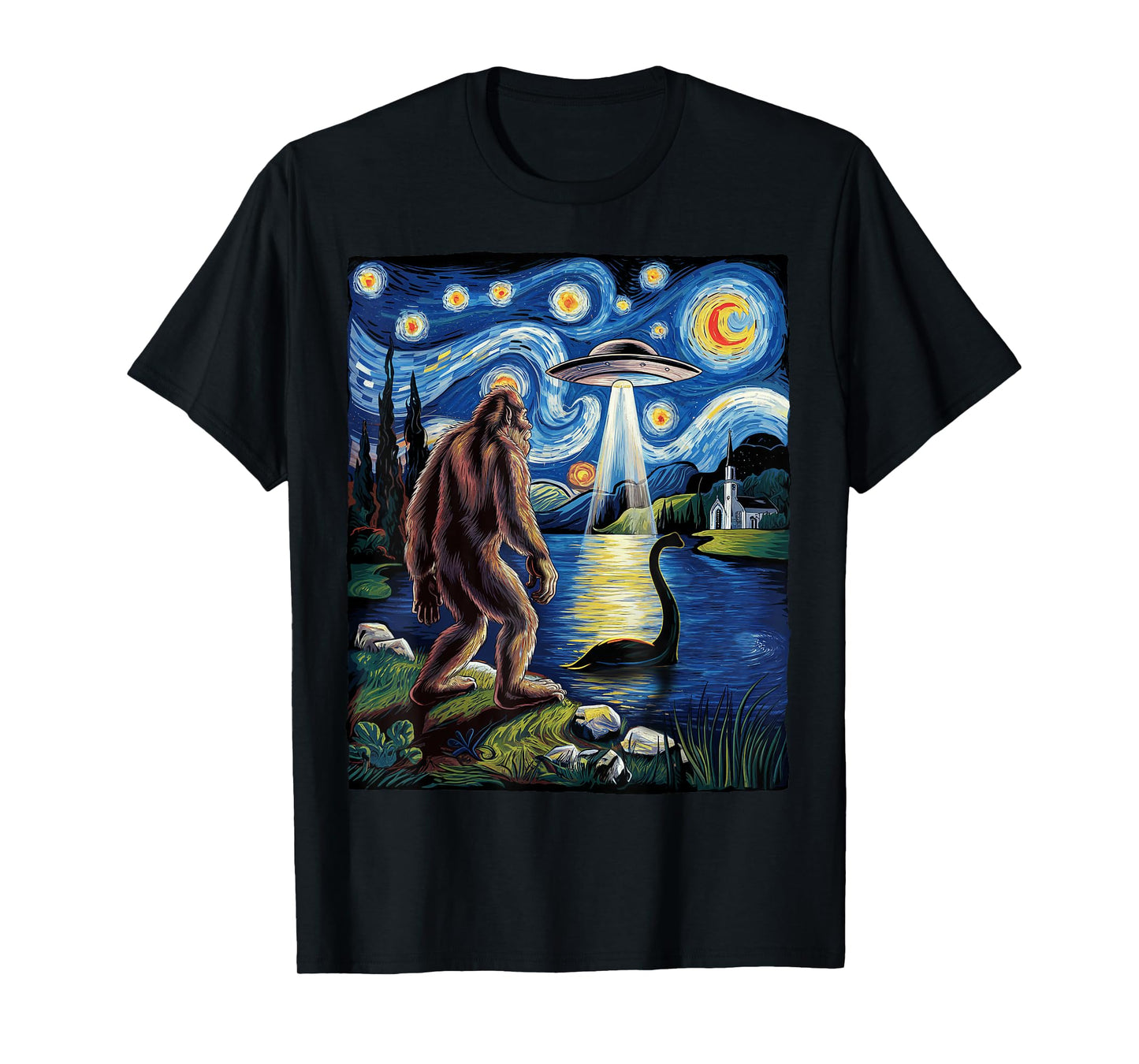 Bigfoot Sasquatch Loch Ness Starry Night Gifts Men Women Kid T-Shirt