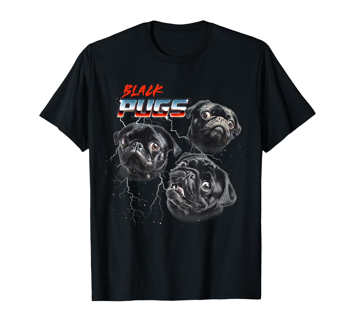 Mens Womens 80s Heavy Metal Rock Band Black Pug Dog Lover T-Shirt