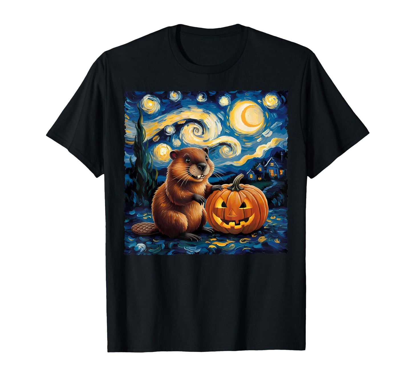 Beaver Pumpkin Van Gogh's The Starry Night Halloween Design T-Shirt