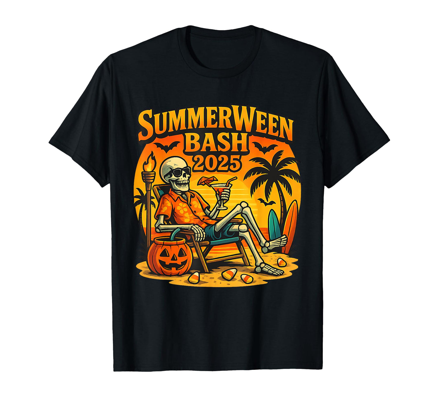 SummerWeen Bash 2025 Skeleton Beach Party Halloween Vibes T-Shirt