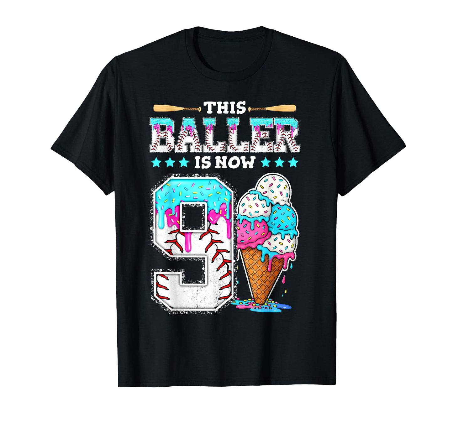 Baller Is Now 9 Year Ice Cream Drip 9th Birthday Baseball T-Shirt