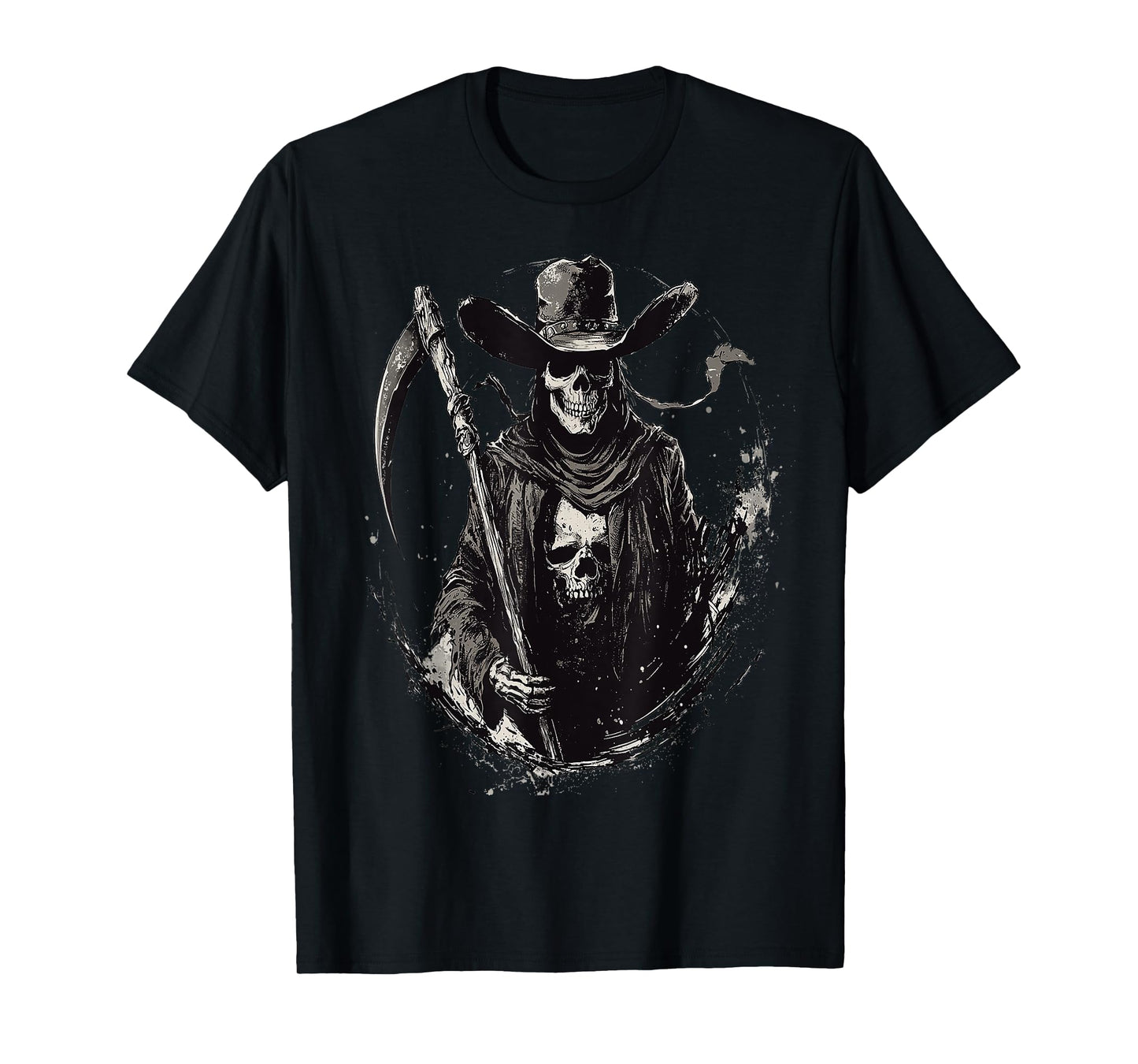 Western Grim Reaper Cowboy Wearing Hat Scythe Skull Art T-Shirt