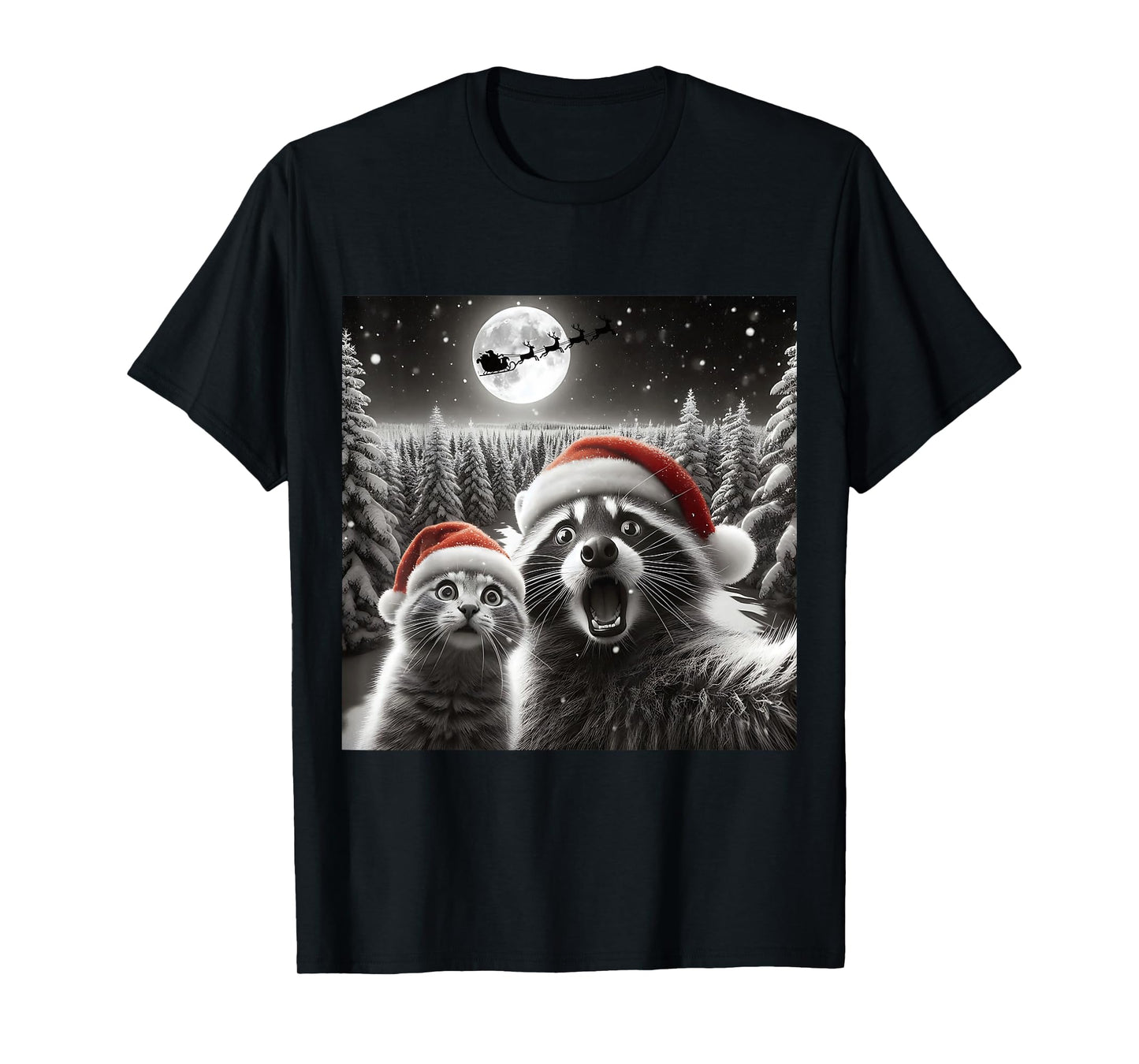 Cat Selfie Racoon Funny Santa Christmas Dog Trending T-Shirt