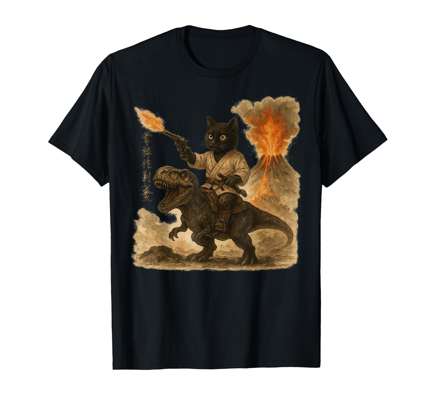 Samurai Cat Riding Dinosaur Japanese Black Cat Kanji T-Shirt