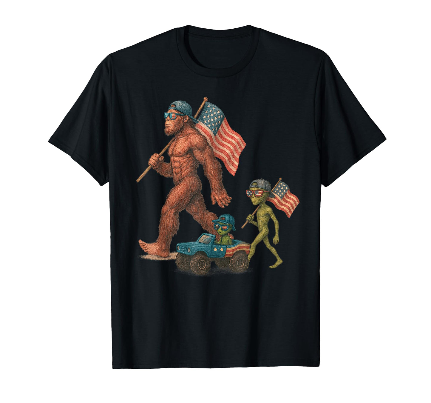 Vintage 4th Of July Sasquatch and Alien Funny 4th Of July T-Shirt