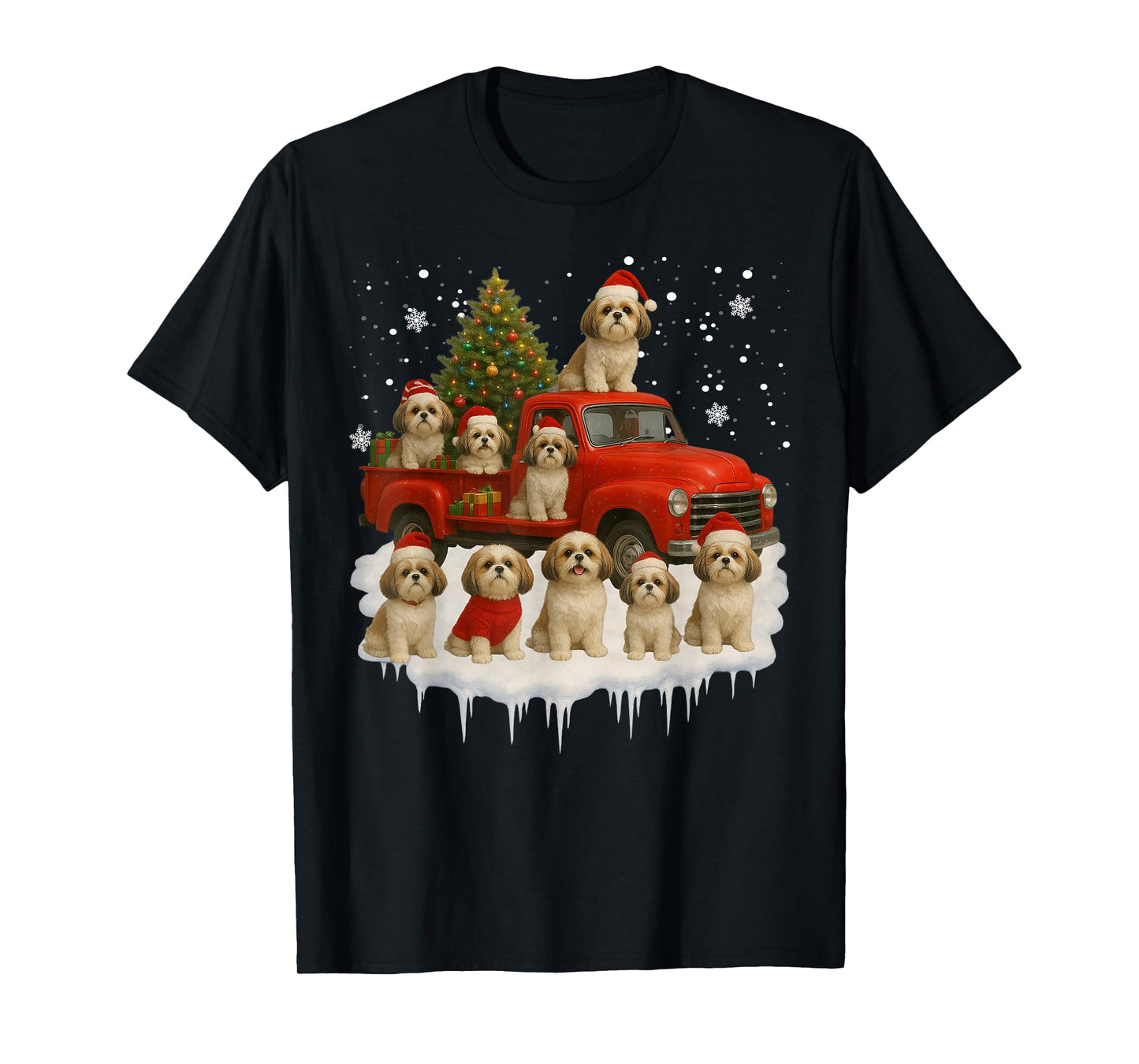 Shih Tzu Dog Red Truck Christmas Tree Santa Ugly Xmas T-Shirt