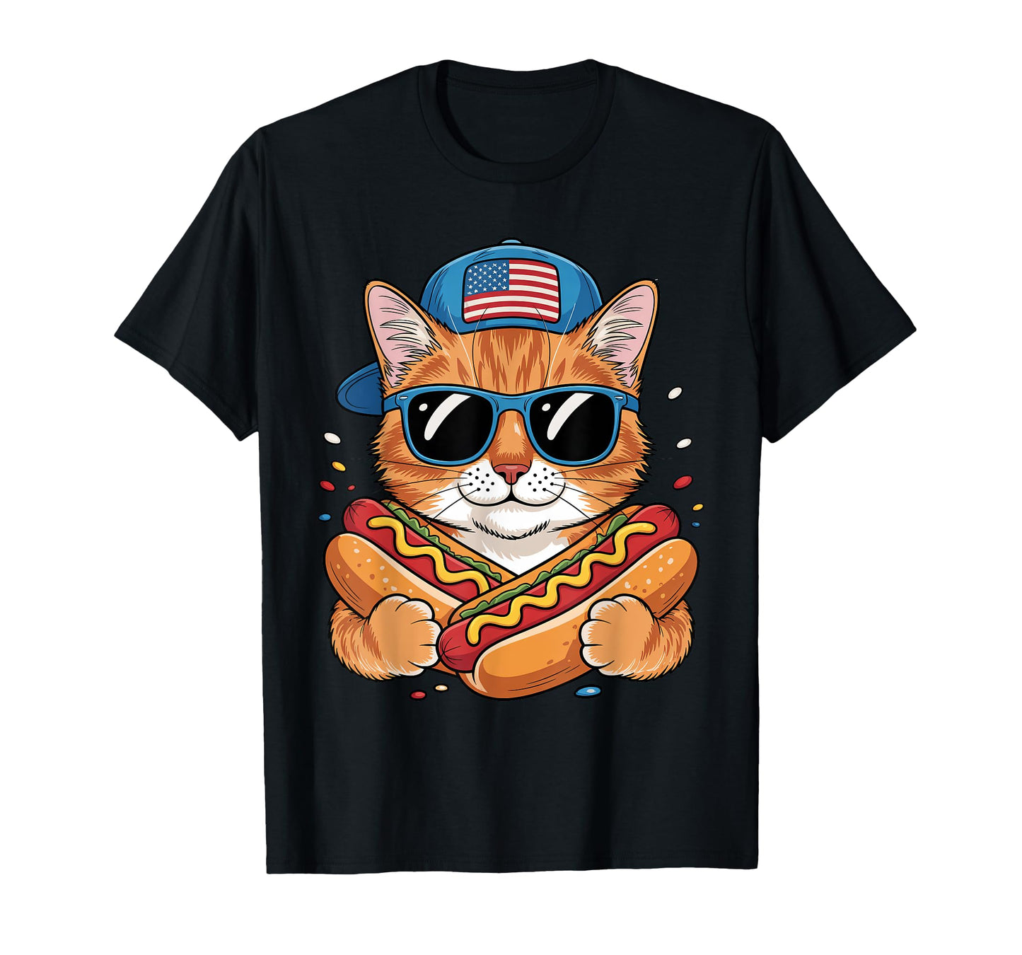 Patriotic Cat Sunglasses Hotdog Fourth Of July American Flag T-Shirt for Men Women Kids