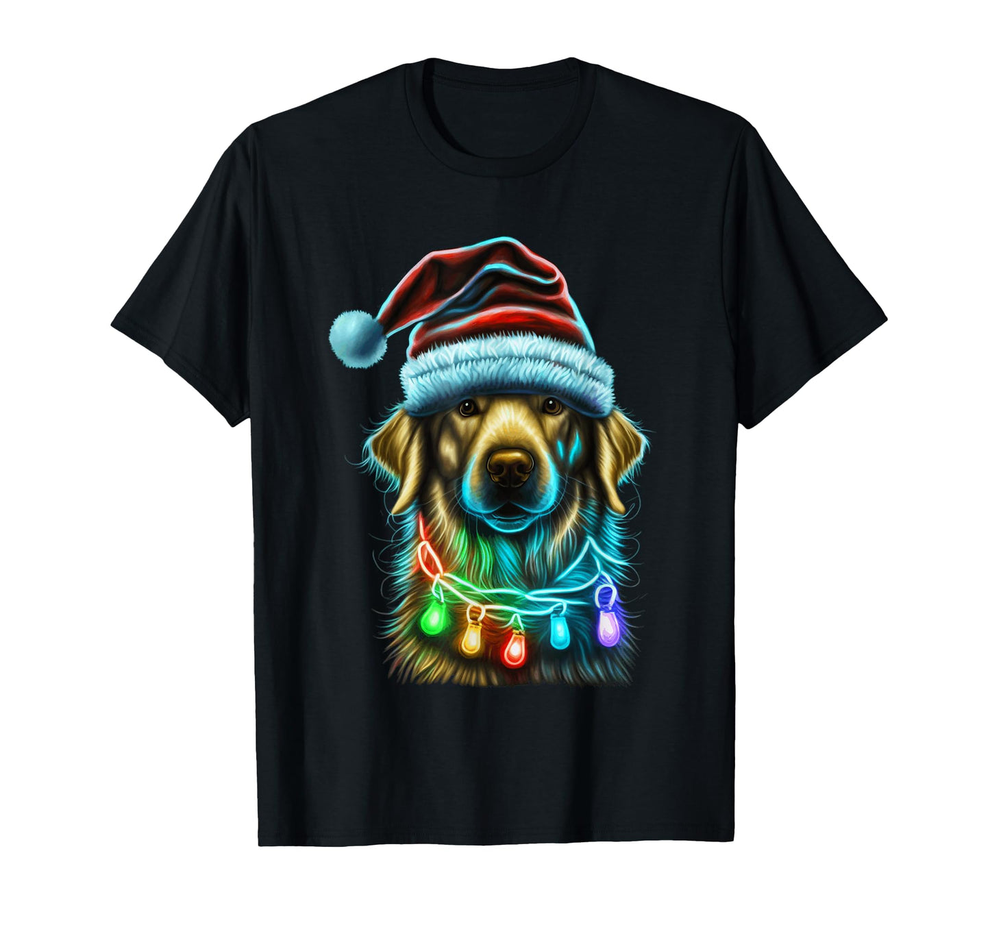 Golden Retriever Funny dog Christmas Santa Hat lights tree Men Women Kids T-Shirt