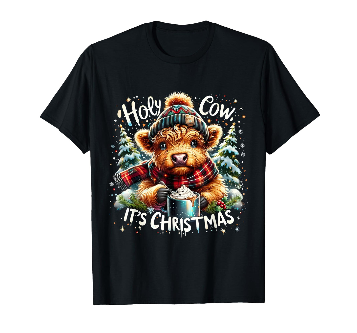 Holy Cow It’s Christmas Funny Cozy Farm Design HighlandCow T-Shirt