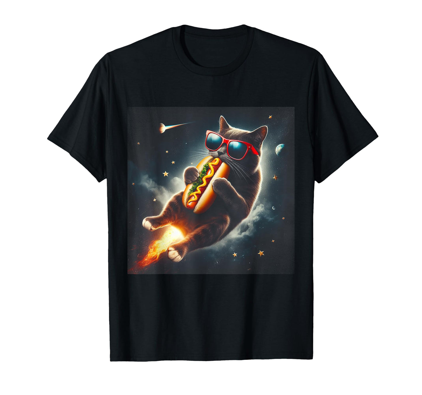 Funny Cat eating Hotdog in space kitty Space Galaxy T-Shirt for Men Women Kids