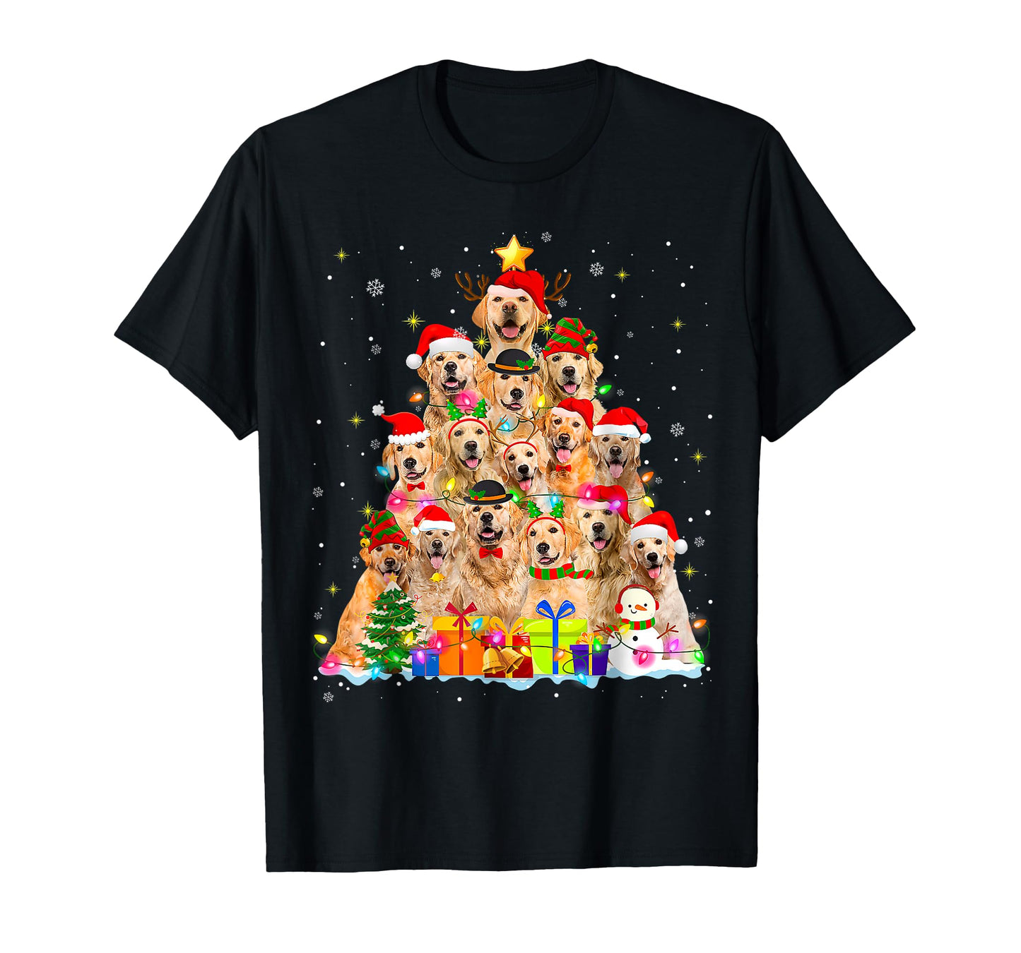 Golden Retriever Christmas Lights Tree Dog Funny Xmas 2025 T-Shirt for Men Women Kids