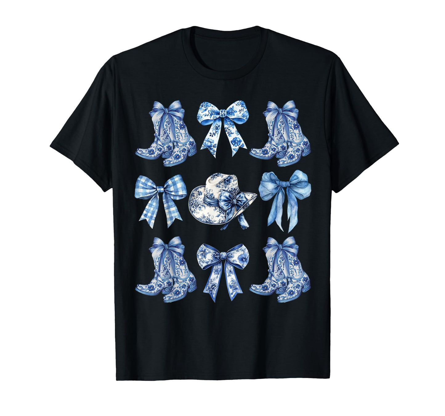 Blue Toile Cowgirl Coquette Bow Cowboy Boots Chinoiserie T-Shirt