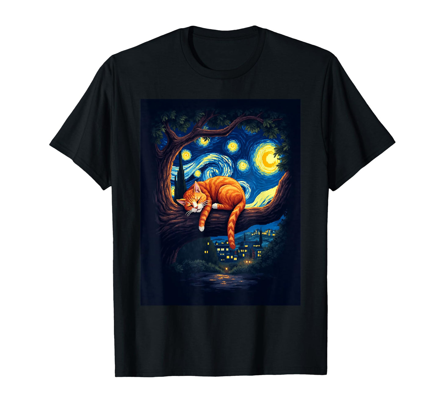Van Gogh Starry Night Funny Cat Moonlit Scene Cat Lovers T-Shirt