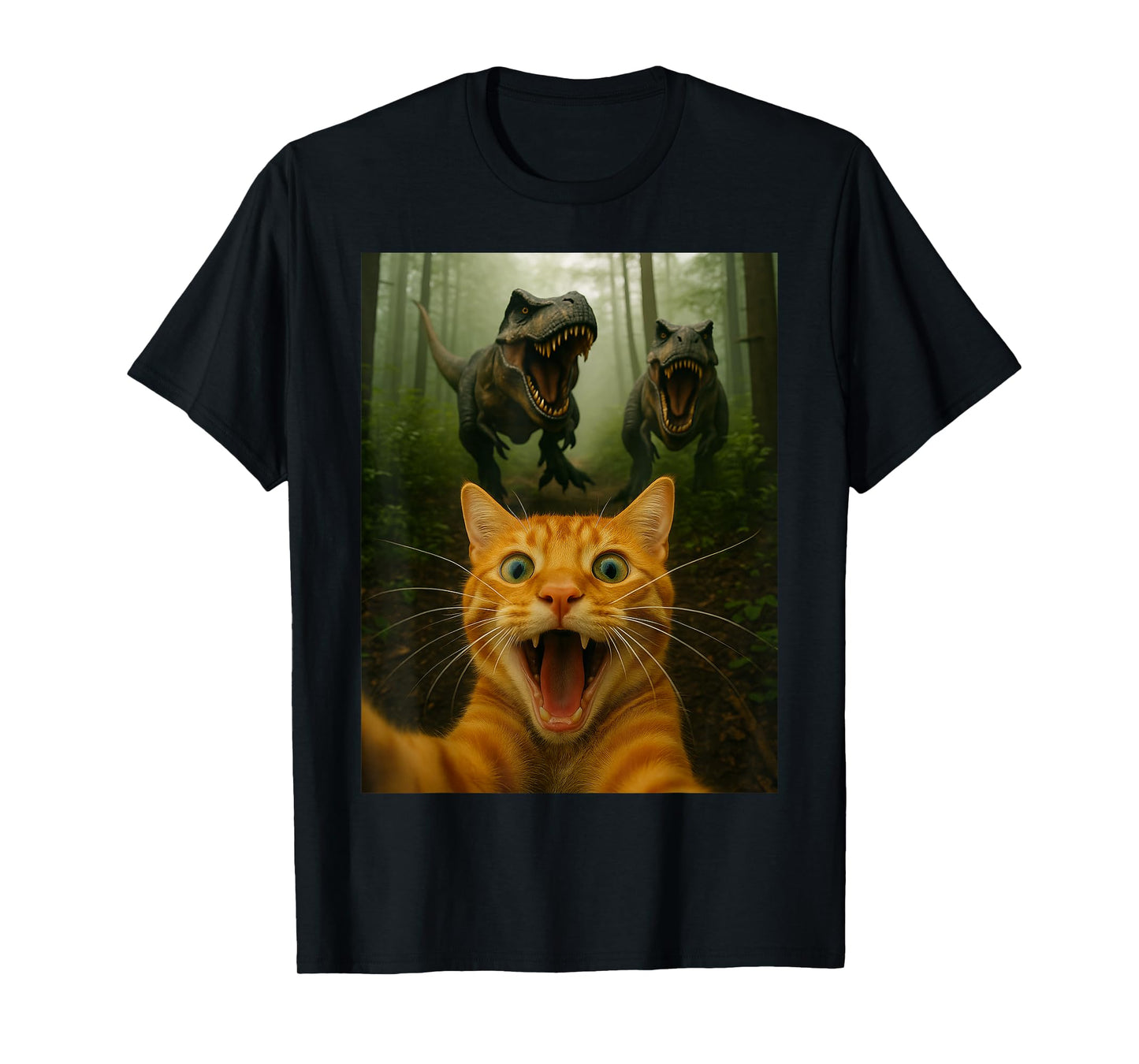Funny Cat Selfie With T-Rex Dinosaur Cat Gift Kids Men Women T-Shirt