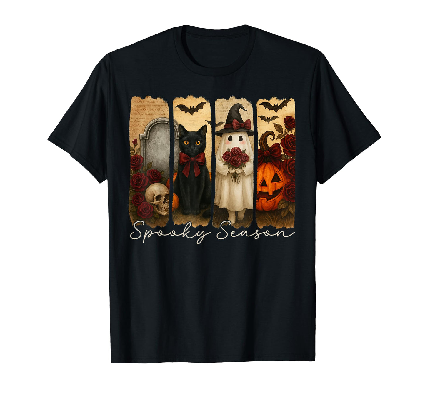 Vintage Black Cat Halloween Tee, Spooky Black Cat And Ghost T-Shirt