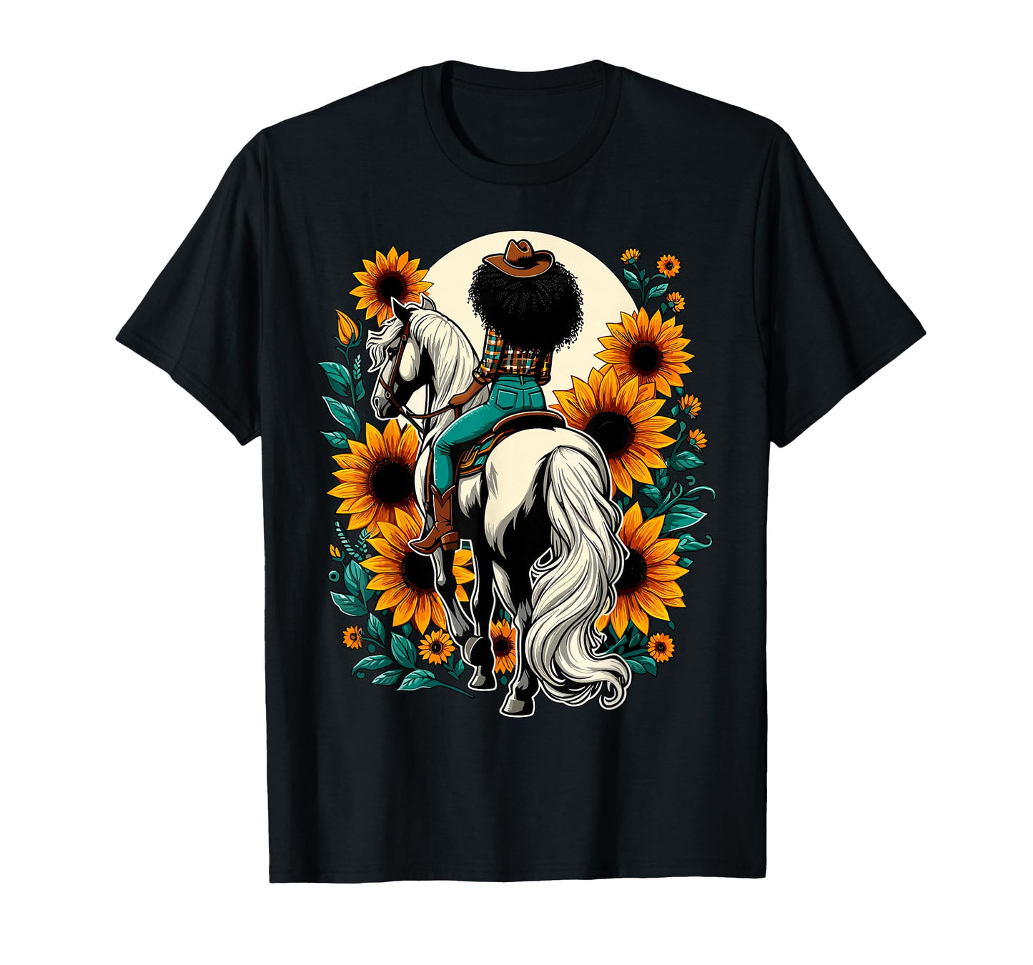 Afro Cowgirl Riding Horse Sunflower Western Country T-Shirt