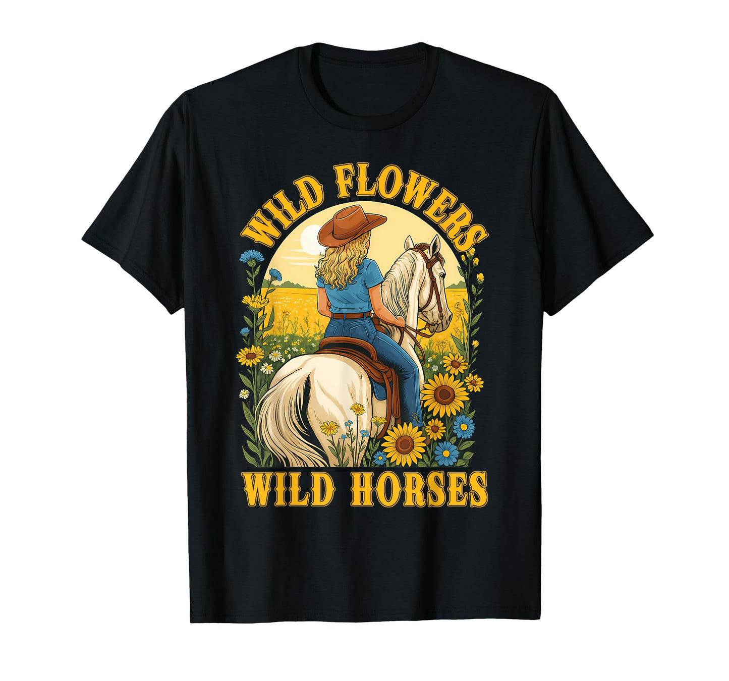 Retro Southern Sunset Cowgirl Wild Flowers Wild Horses T-Shirt