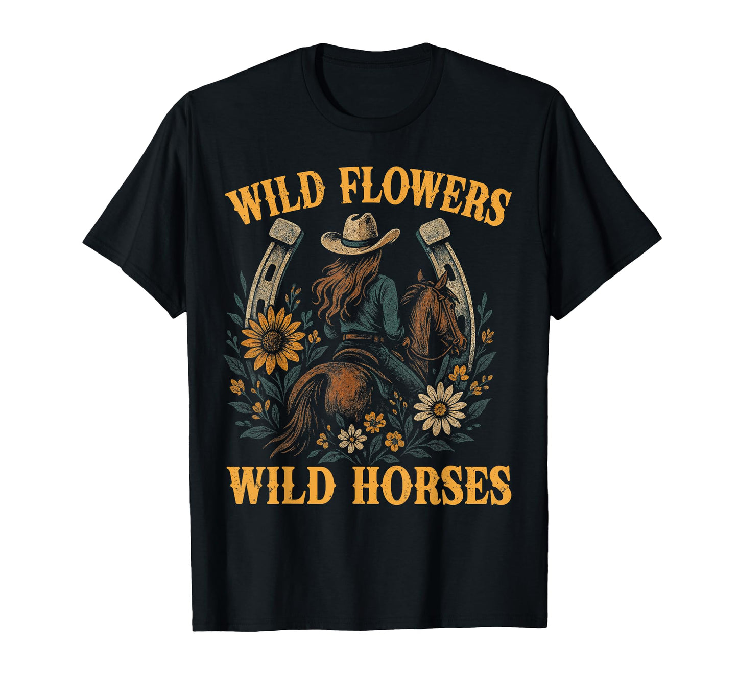 Retro Southern Sunset Wild Cowgirl Flowers - Wild Horses T-Shirt
