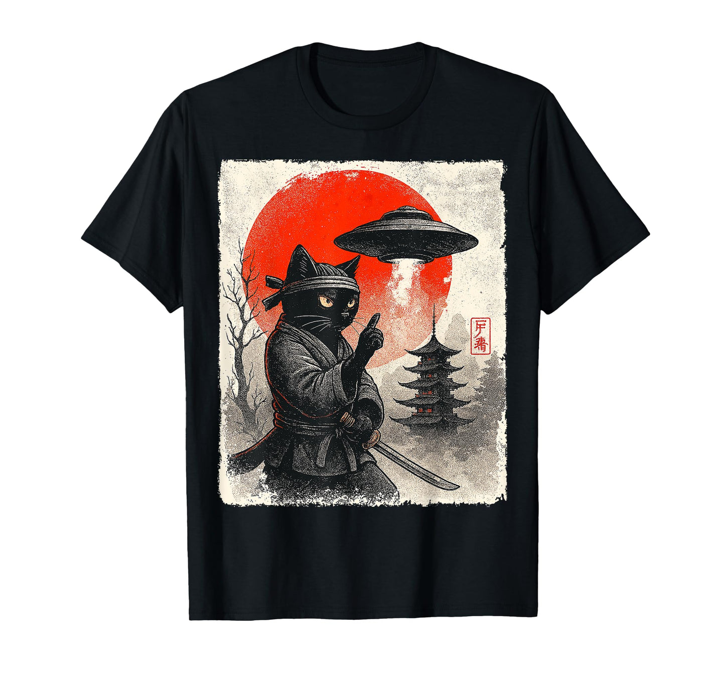 Samurai Ninja Cat Warrior UFO Japanese Anime Gifts Funny Cat T-Shirt