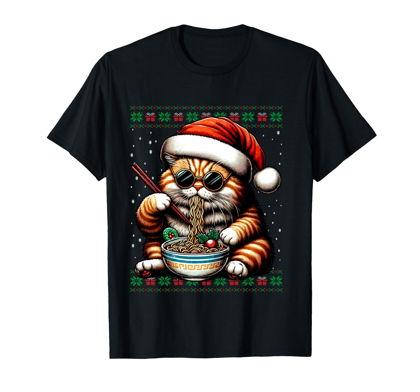 Christmas Cat Eating Ramen Ugly Christmas Sweater Long Sleeve T-Shirt