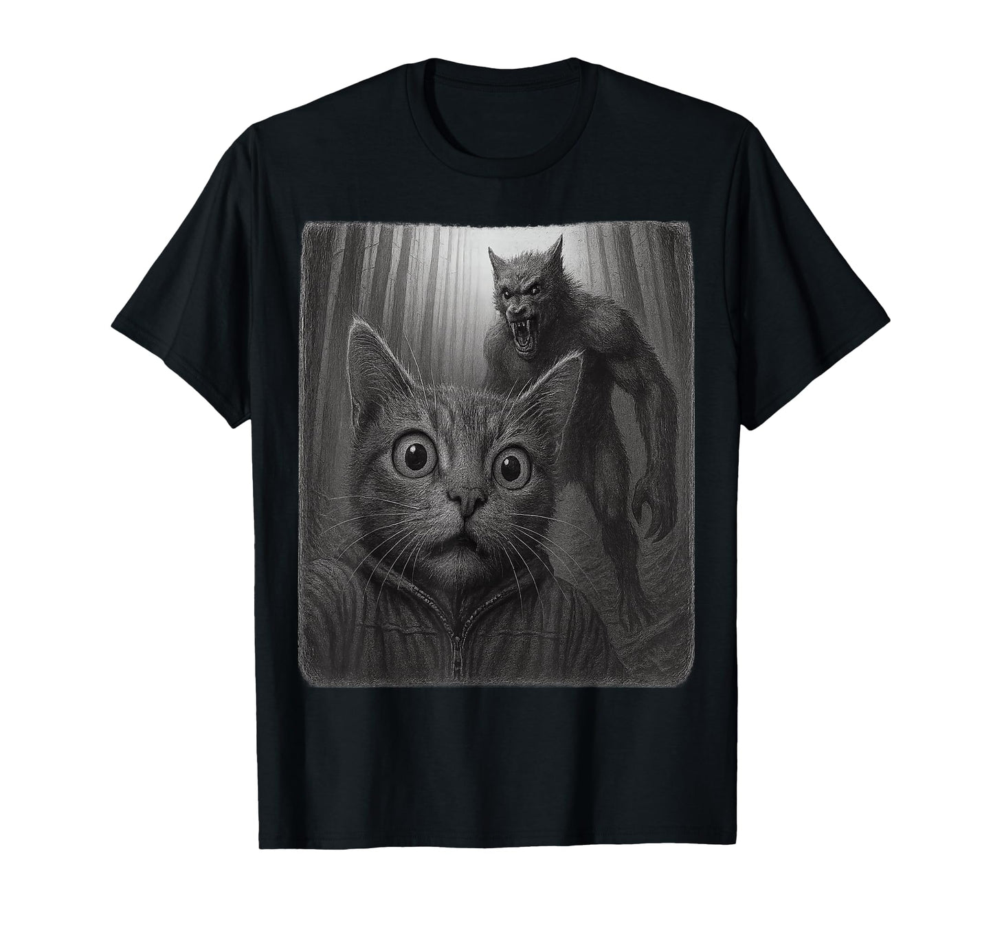 Funny Scared Cat Taking A Selfie with Cryptid Wolfman T-Shirt