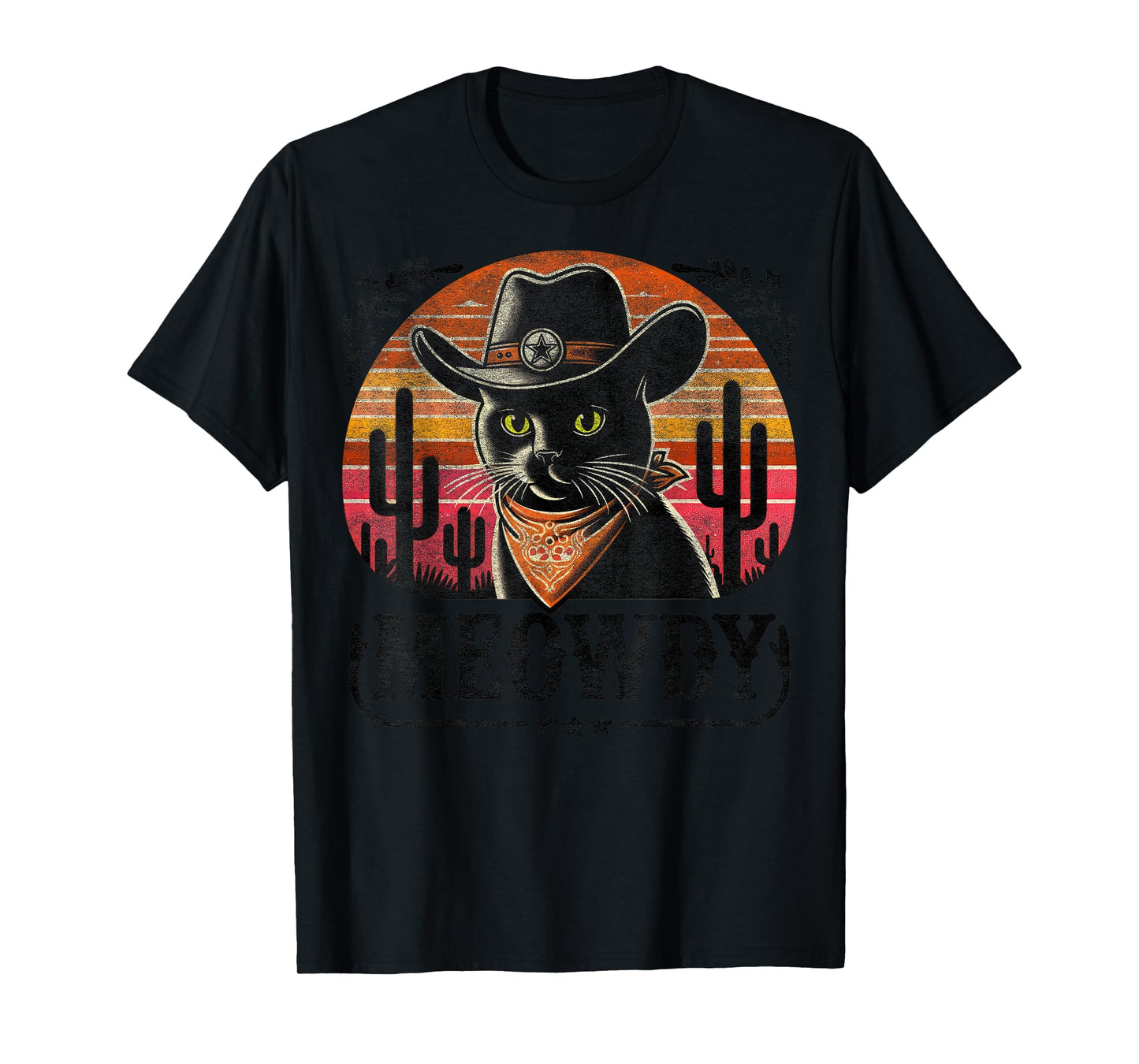 Meowdy Black Cat Retro Sunset – Howdy Funny Country Western T-Shirt