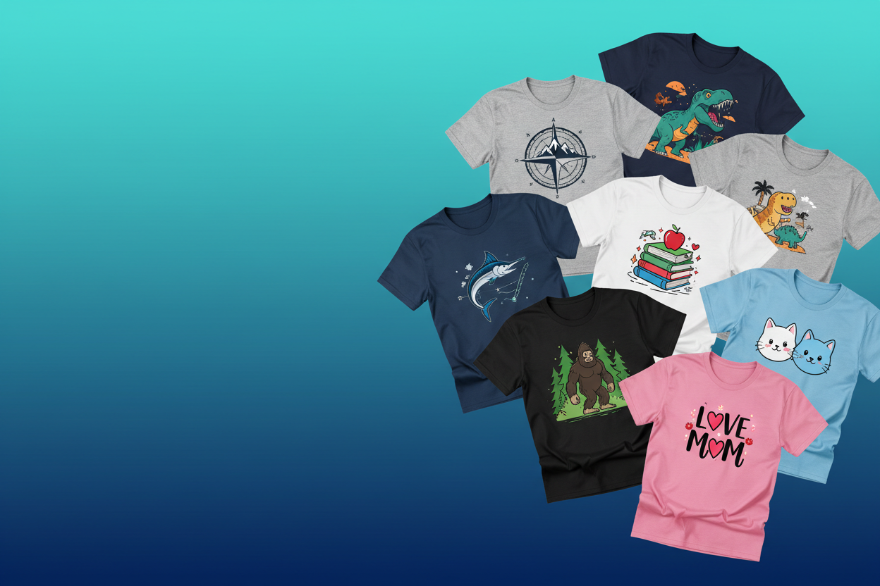 Thêm thiết kế cho 2 áo trơn còn lại với chủ để dog/cat, dinosaur